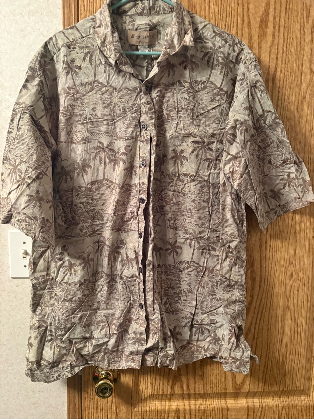 Island-Print Short Sleeve Button-Down Shirt in Beige and Brown